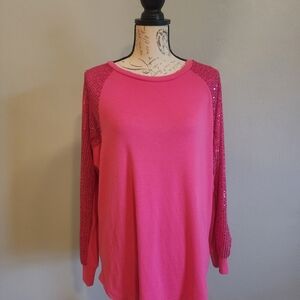 Women's Hot Pink Long Sleeve Sequin Raglan Tee